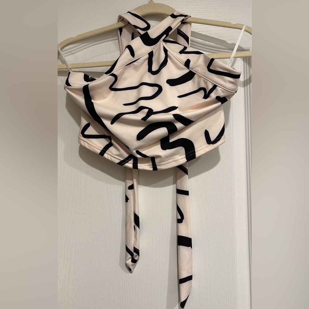 SHEIN Cream and Black Patterned Halter Top